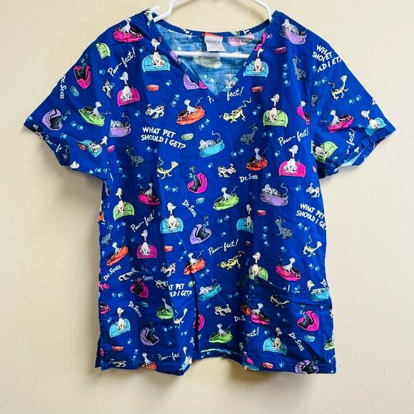 Dr Seuss What Pet Should I Get Blue Scrub Top Size Large Dog Cat EUC - Picture 1 of 11